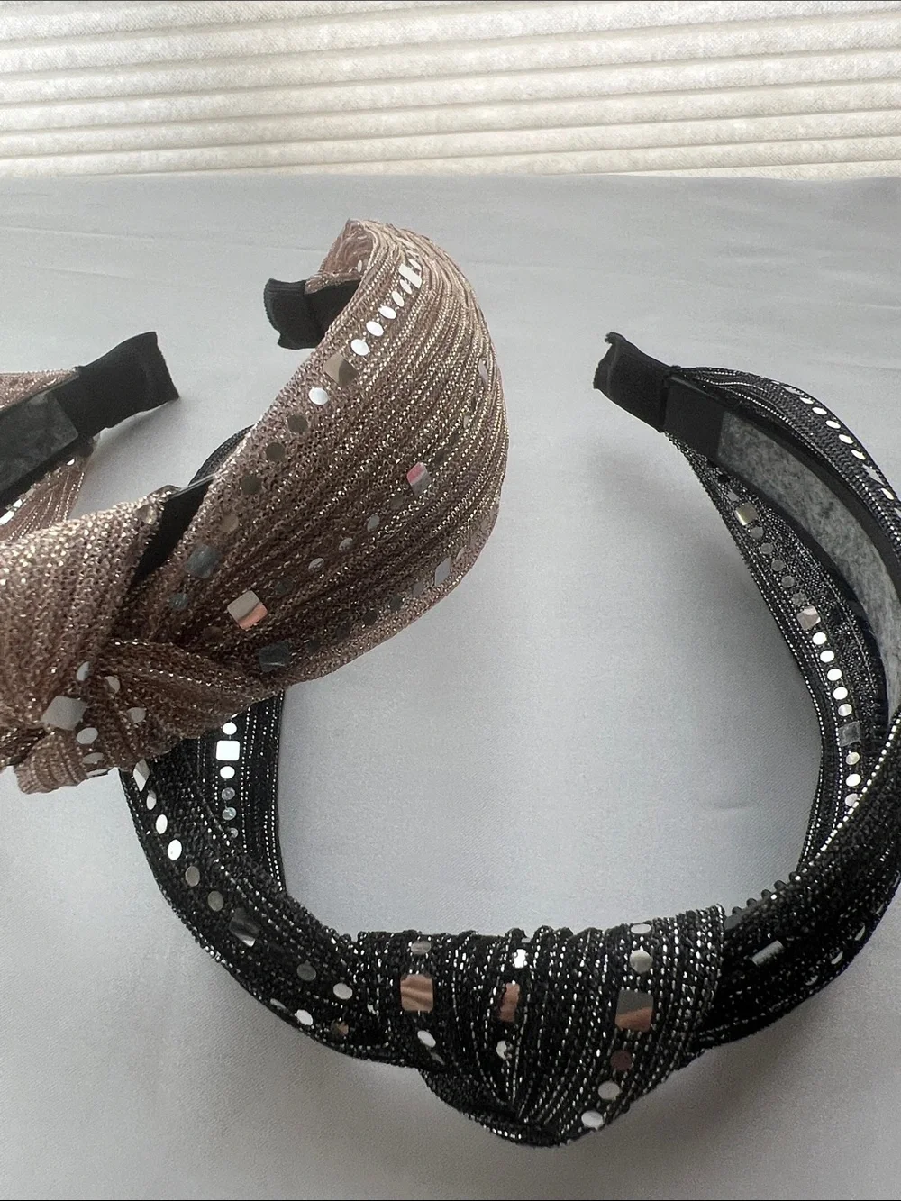 Shimmering Sequin and Bead Accent  Knotted Headband - Black and Tan set of 2